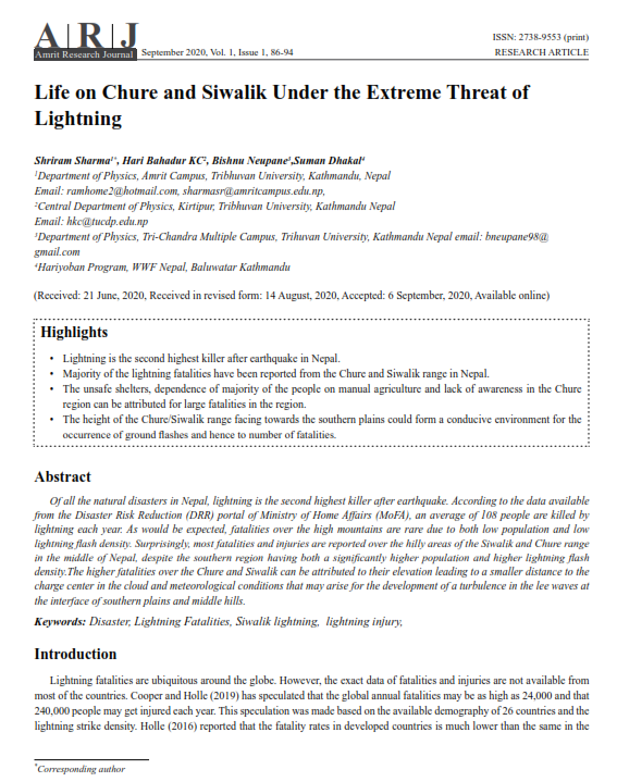 Life on Chure and Siwalik Under the Extreme Threat of Lightning